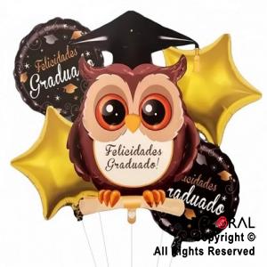 SET DE GLOBOS METALIZADO FELICIDADES GRADUADO BUHO 5 UNIDADES X 1